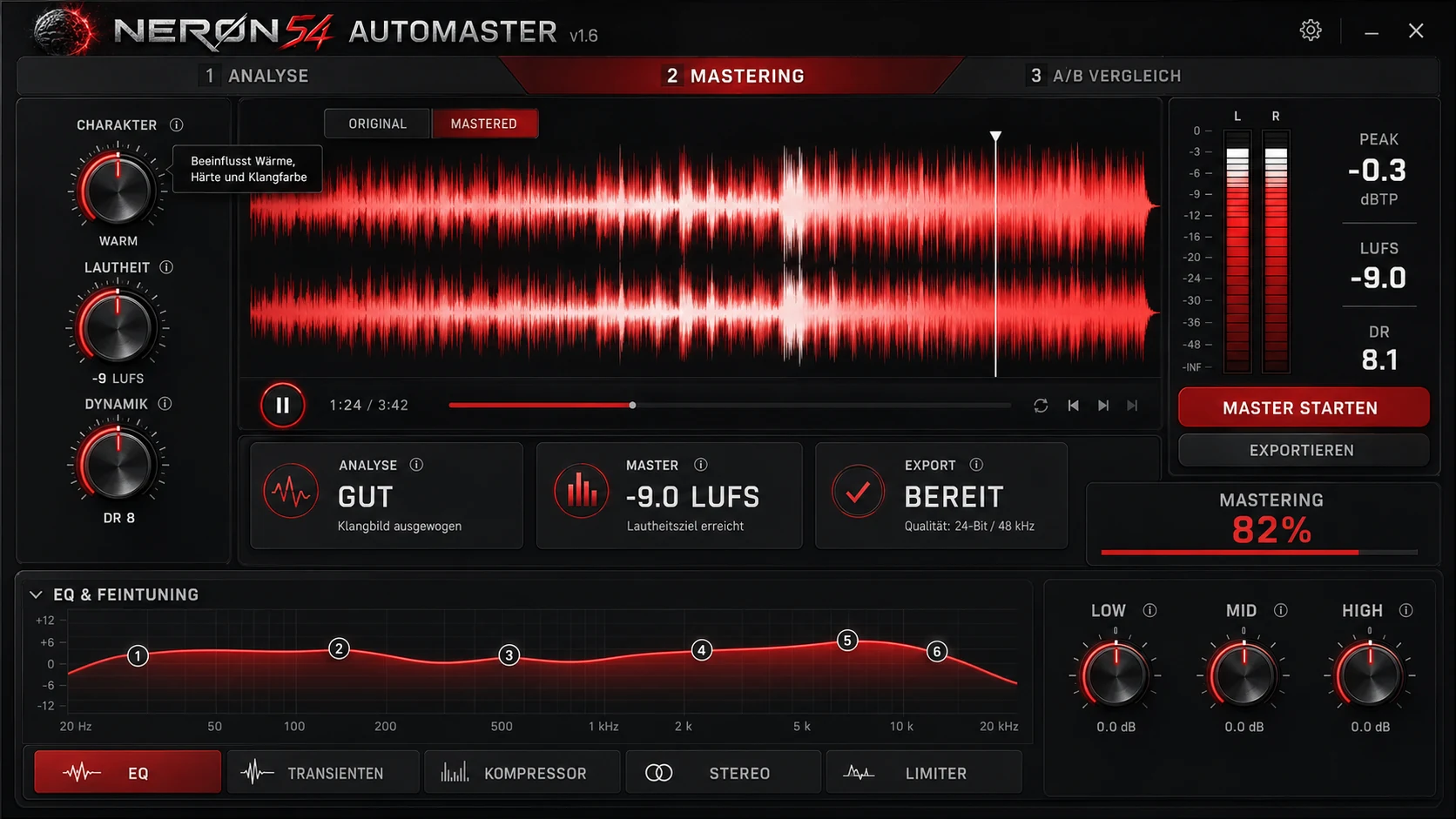 Geplante NERØN54 AutoMaster v1.6 Oberfläche mit Waveform, Charakter, Lautheit, Dynamik, A/B-Vergleich, Pegeln und EQ