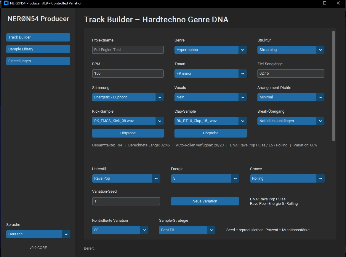 Aktuelle Desktop-Oberfläche des NERØN54 Producer v0.9 mit Track Builder, Genre-DNA, BPM, Tonart, Struktur und kontrollierter Variation